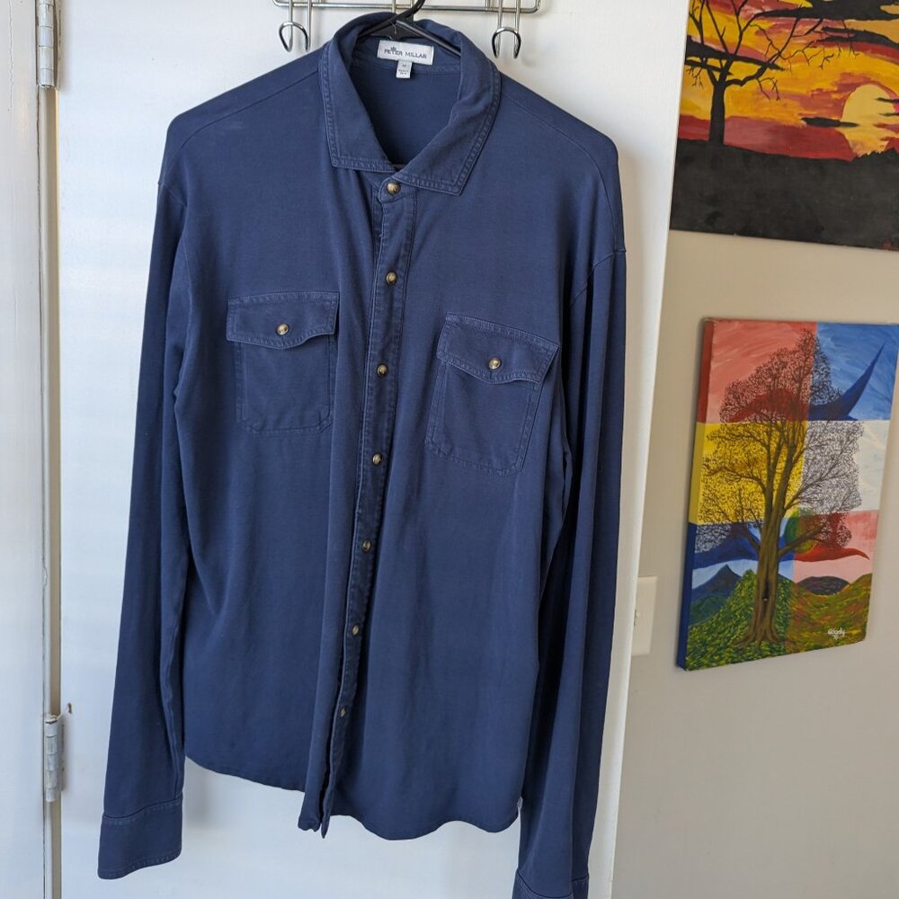 Peter Millar Blue Long Sleeve Snap Shirt Size Medium